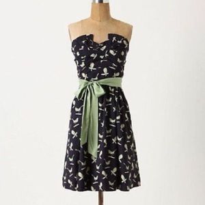 Anthropologie Porridge Sing Sweetly Bird Dress Size 4 Strapless Bird A-line Sash